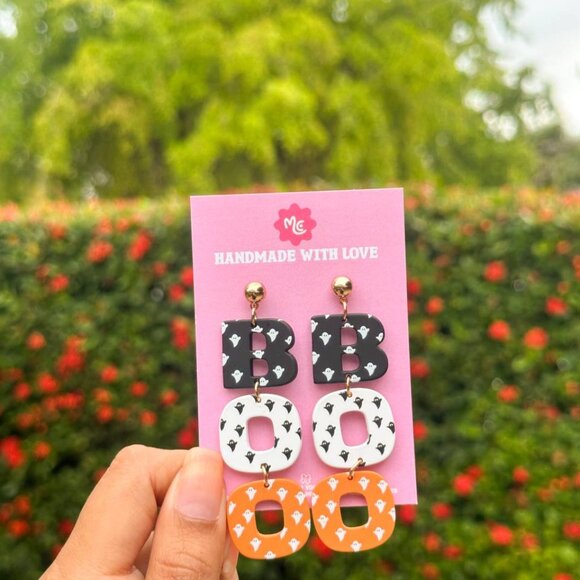 BOO Halloween Earrings — Cute Ghost Print Dangle Fall Spooky Jewelry - Picture 4 of 4